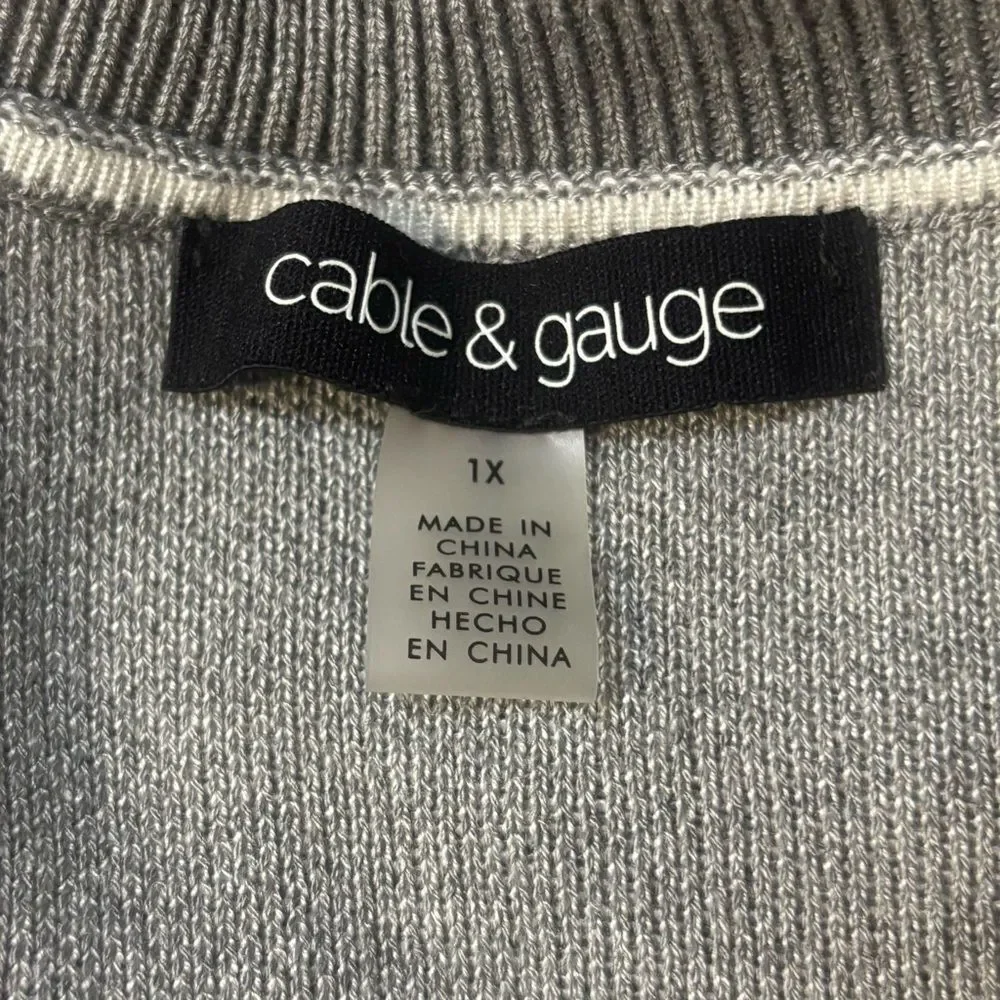 Cable & Gauge Gray V-Neck Sweater White Hearts 3/4 Sleeves